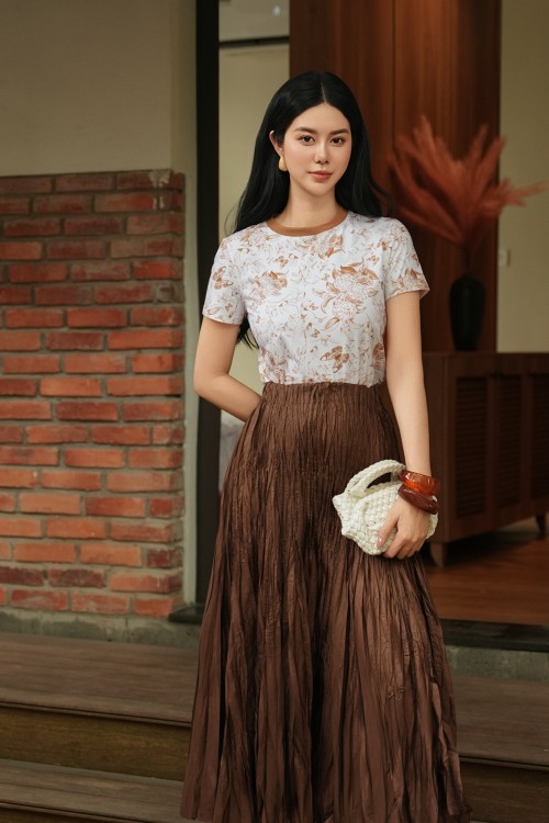 Brown Floral Cotton Tshirt
