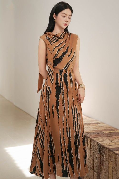Brown Silk Flared Dress