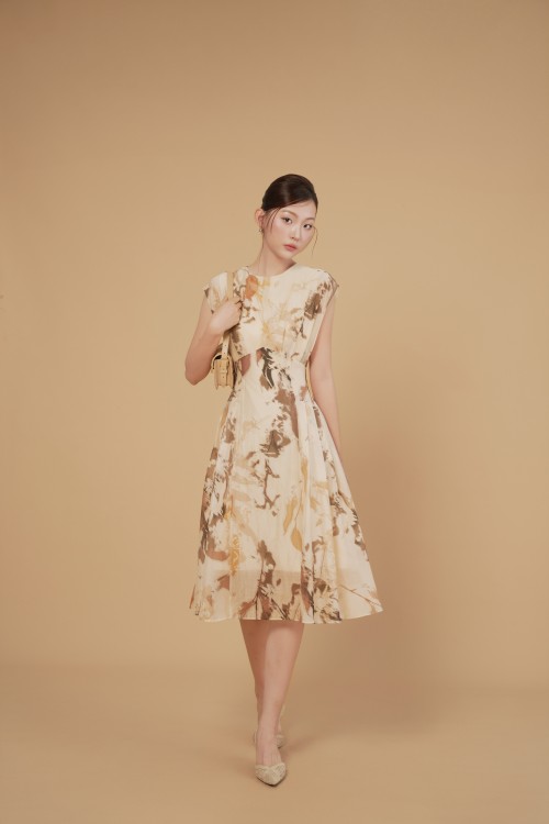 Brownish-Beige Organza Flared Dress