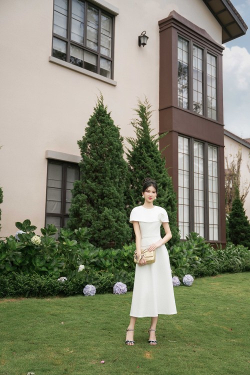 White Tweed Flared Dress With Flower