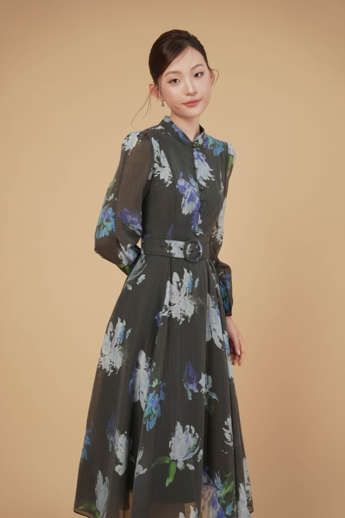 Blue & Black Organza Flared Dress