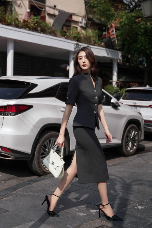 Dark Grey Woven Pencil Skirt