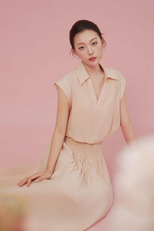 Pink Skin Organza Flared Skirt