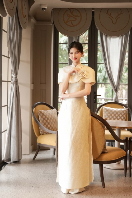 Dark Cream Brocade Ao Dai With Flower