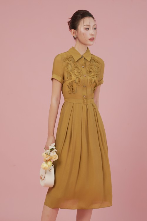 Wheat Organza Flared Dress