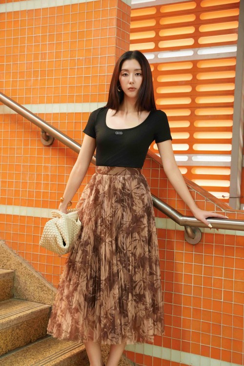 Brocade Mesh Flared Skirt