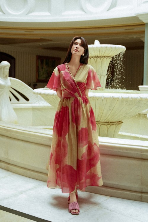 Beige & Pink Organza Flared Dress