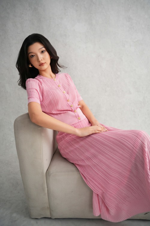 Pink Button-up Knit Blouse &amp; Skirt