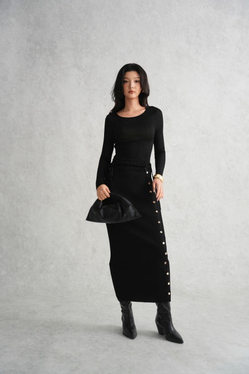 Black Side Button Knit Pencil Dress