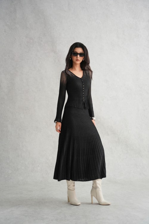 Black Shimmer Ribbed Knit Blouse &amp; Skirt