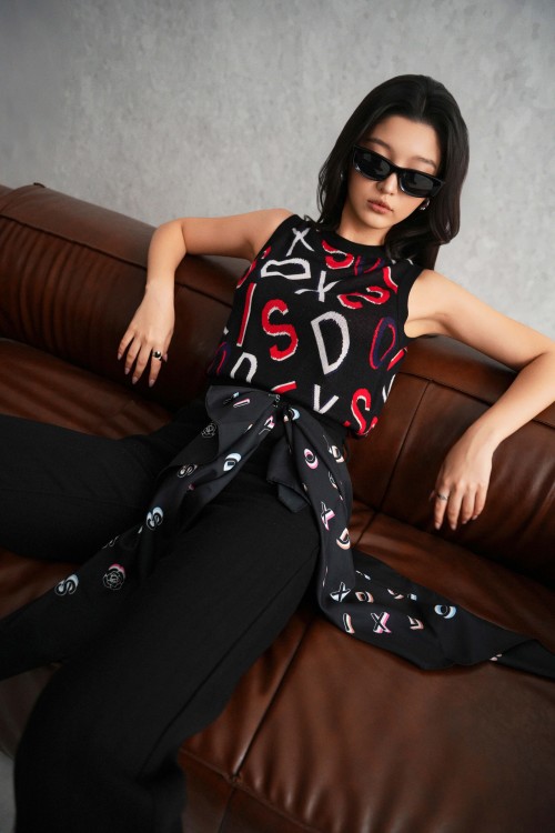 Black Letter Jacquard Knit Blouse