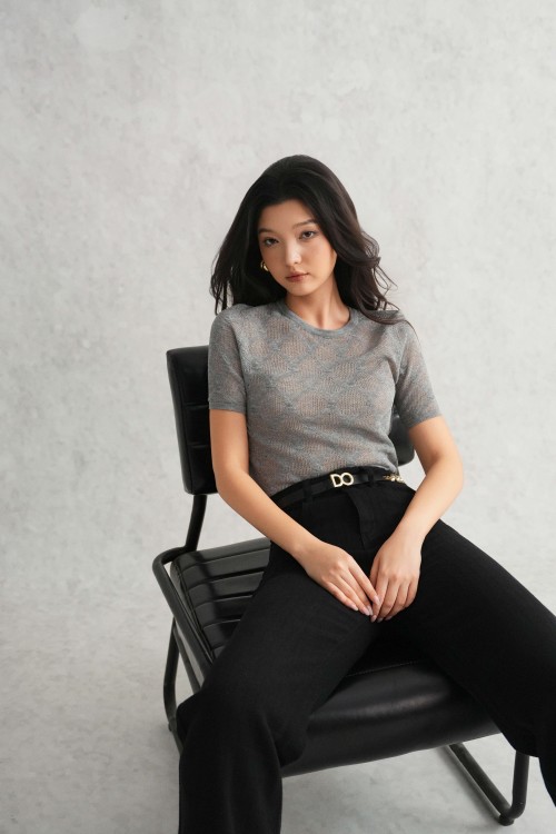 Gray Openwork Knit Blouse