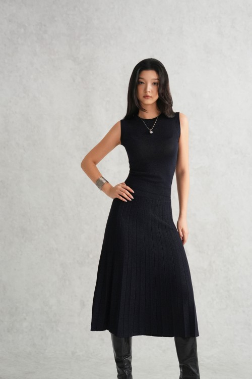 Navy Lurex Knit Fared Skirt