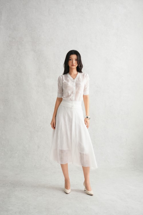 White 3D Flower Button-up Knit Blouse & Skirt