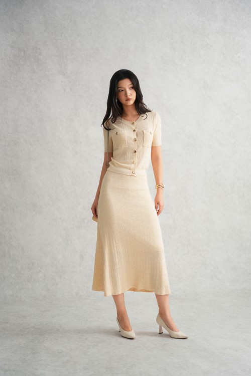 Apricot Beige Knit Cardigan &amp; Skirt