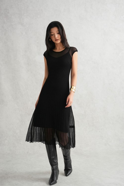 Black Sheer Knit Flared Dress