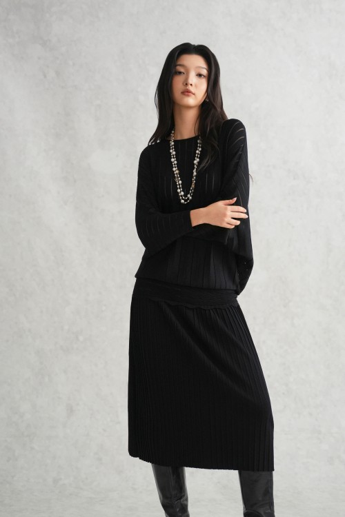 Black Openwork Knit Blouse &amp; Skirt