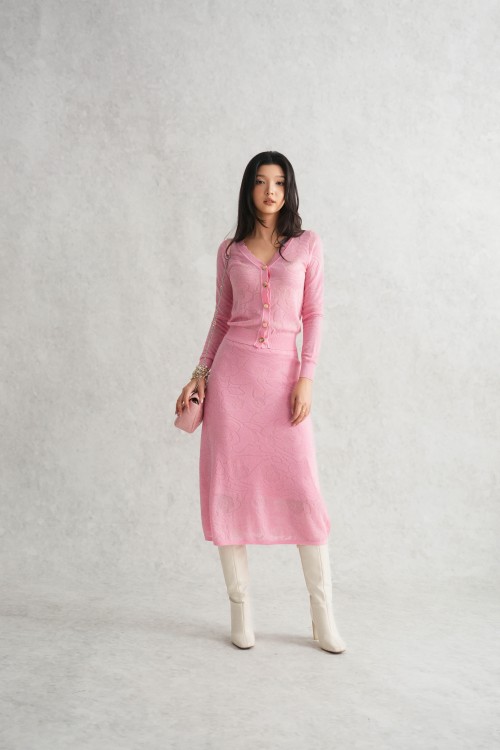 Blush Pink V-neck Knit Cardigan &amp; Skirt