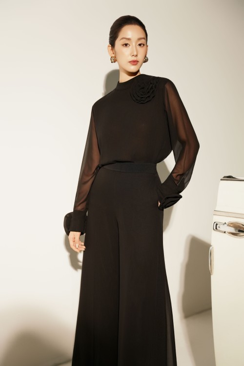 Black 3D Flower Chiffon Blouse