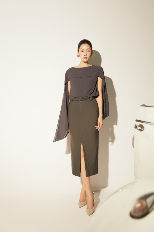 Dark Grey Woven Pencil Skirt