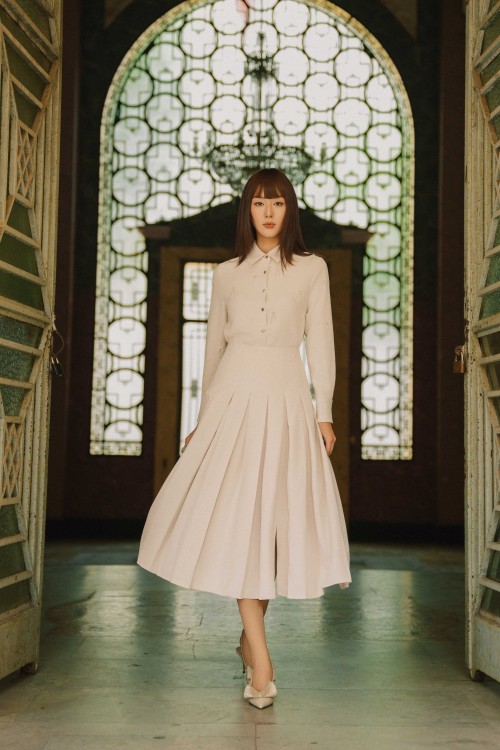 Beige Woven Flared Skirt