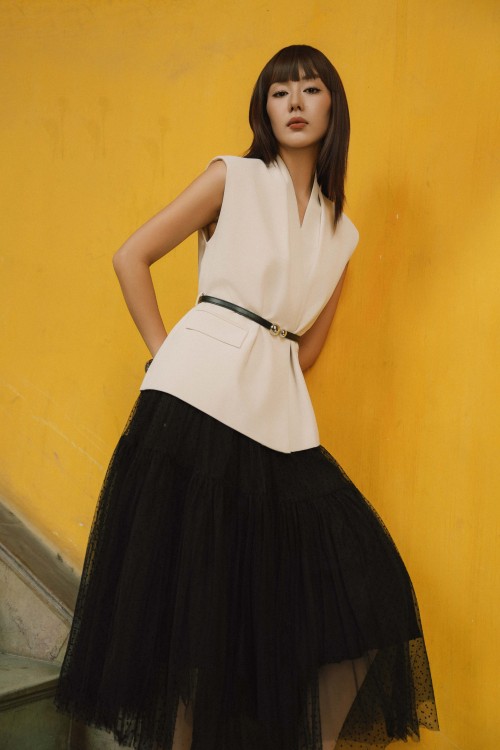 Beige Woven Waistcoat With Belt