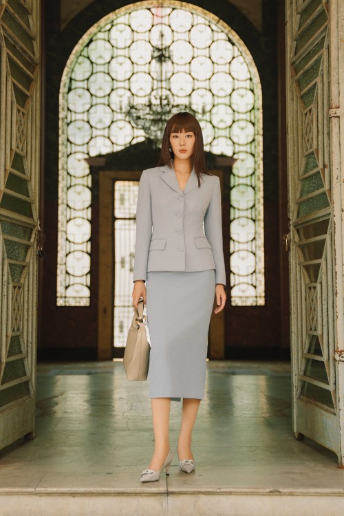 Light Blue Woven Pencil Skirt
