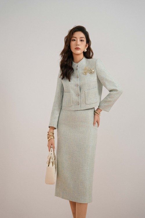 Blue Tweed Pencil Skirt