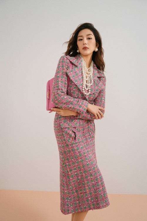 Green &amp; Pink Tweed Loose Skirt