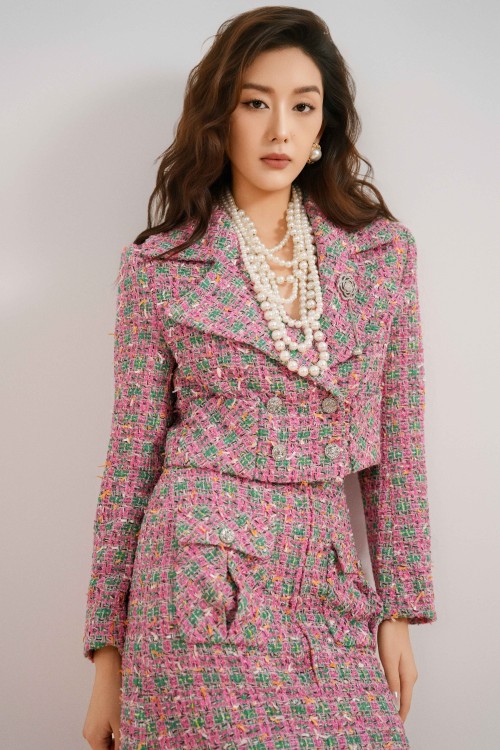 Green &amp; Pink Tweed Croptop Vest