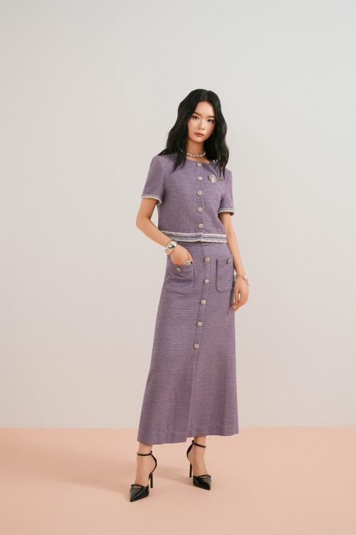 Dark Violet Tweed Flared Skirt