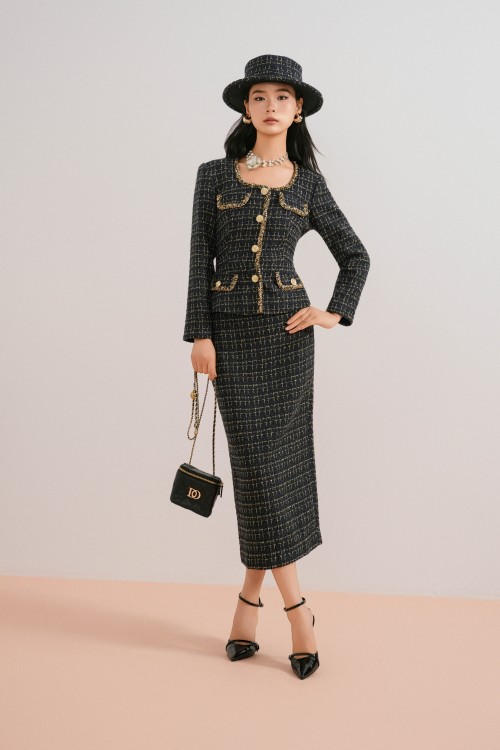 Navy Tweed Pencil Skirt