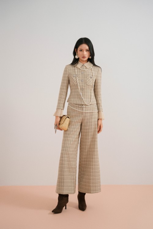 Brownish-beige Tweed Loose Pants