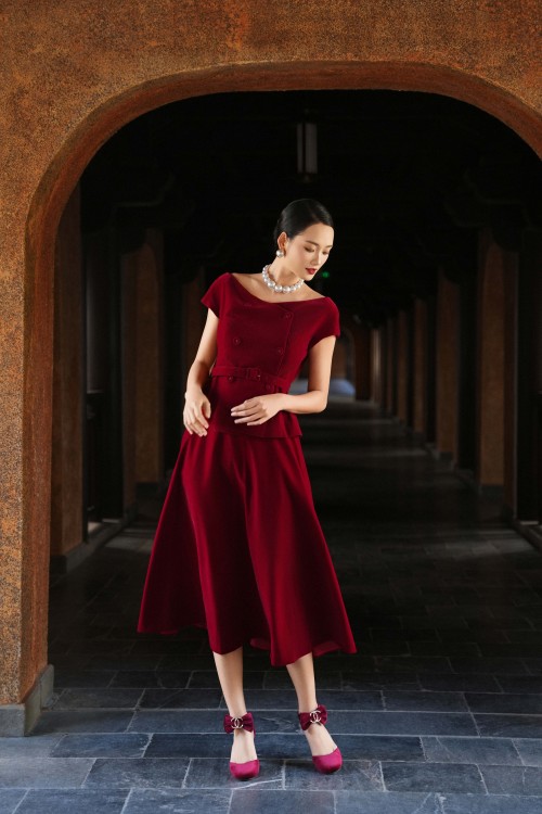 Dark Red Velvet Flared Skirt