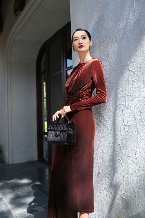 Brown Velvet Sarong Dress