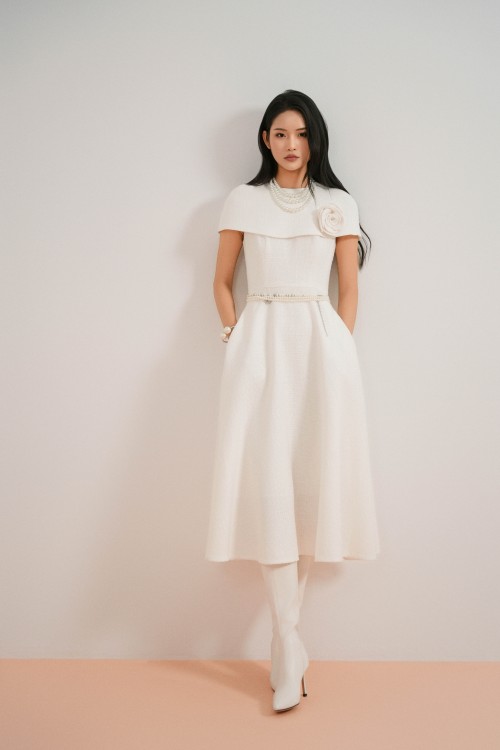 White Tweed Flared Dress With Flower