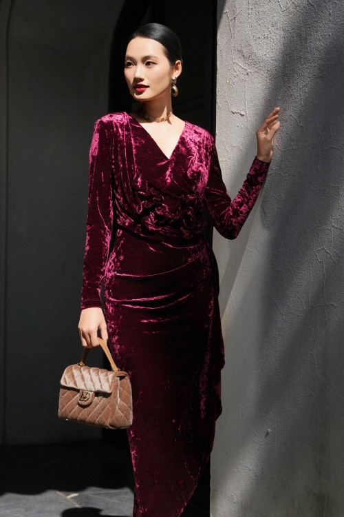 Wine 3D Flower Velvet Sarong Dress