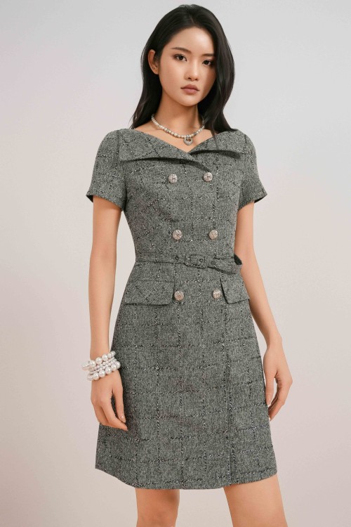 White &amp; Black Tweed Flared Dress