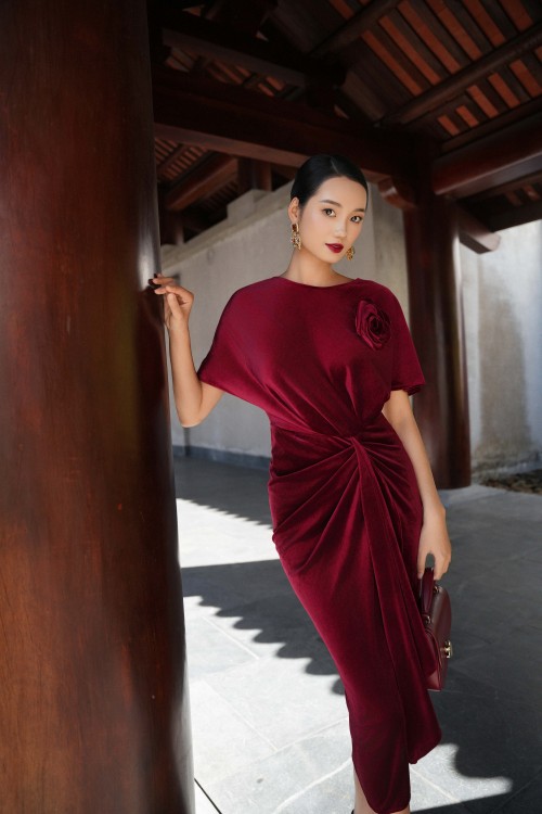 Burgundy Velvet Sarong Dress With Flower