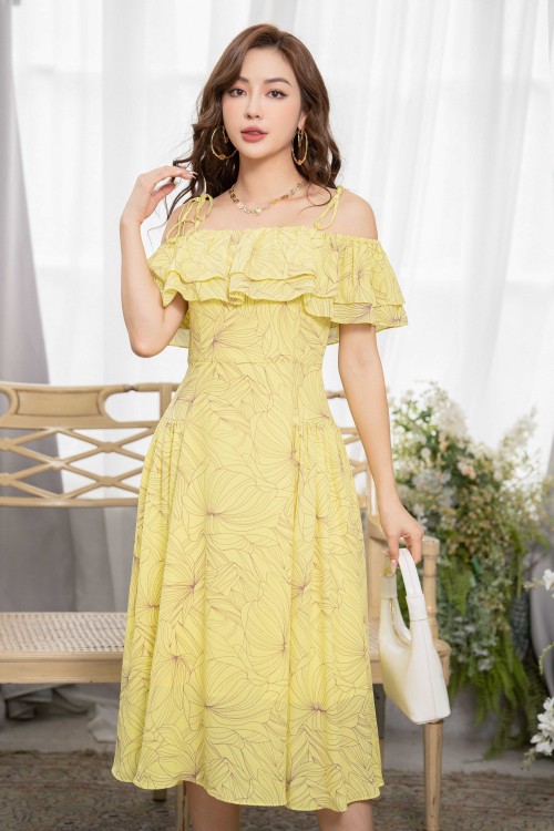 Lime Floral Midi Chiffon Dress