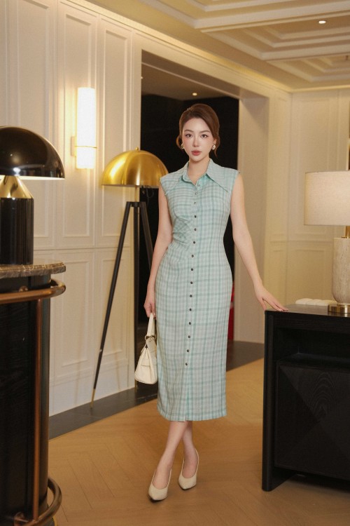 Blue-White Woven Pencil Dress