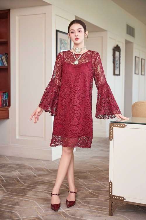 Dark Red Lace Loose Dress