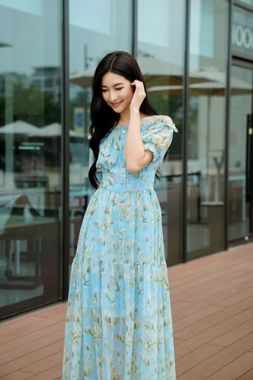 Sixdo Blue Voile Flared Dress