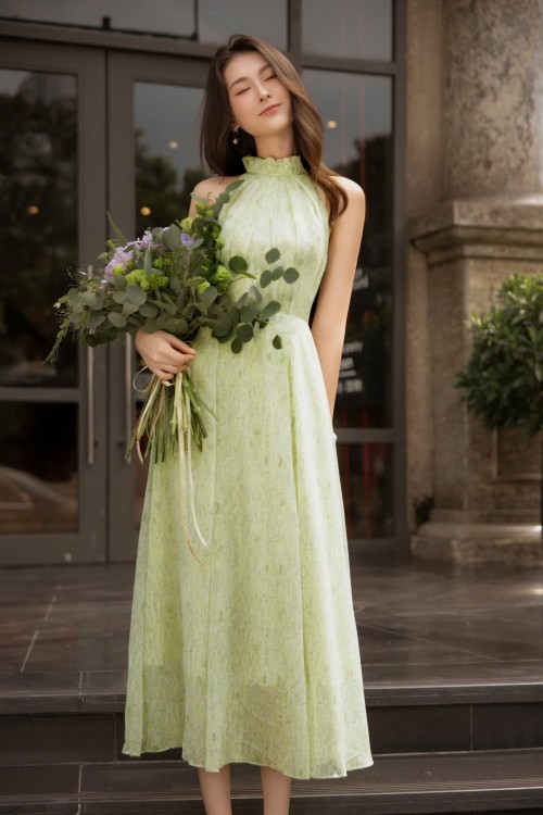 Light Green Nuggets Voile Flared Dress