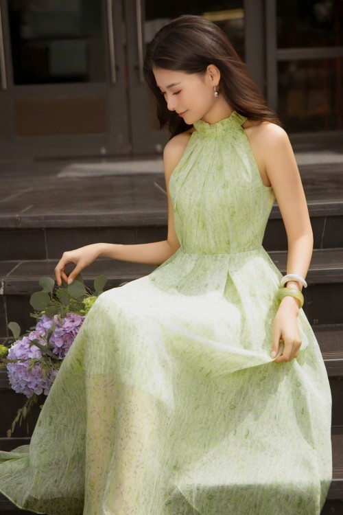 Sixdo Light Green Nuggets Voile Flared Dress
