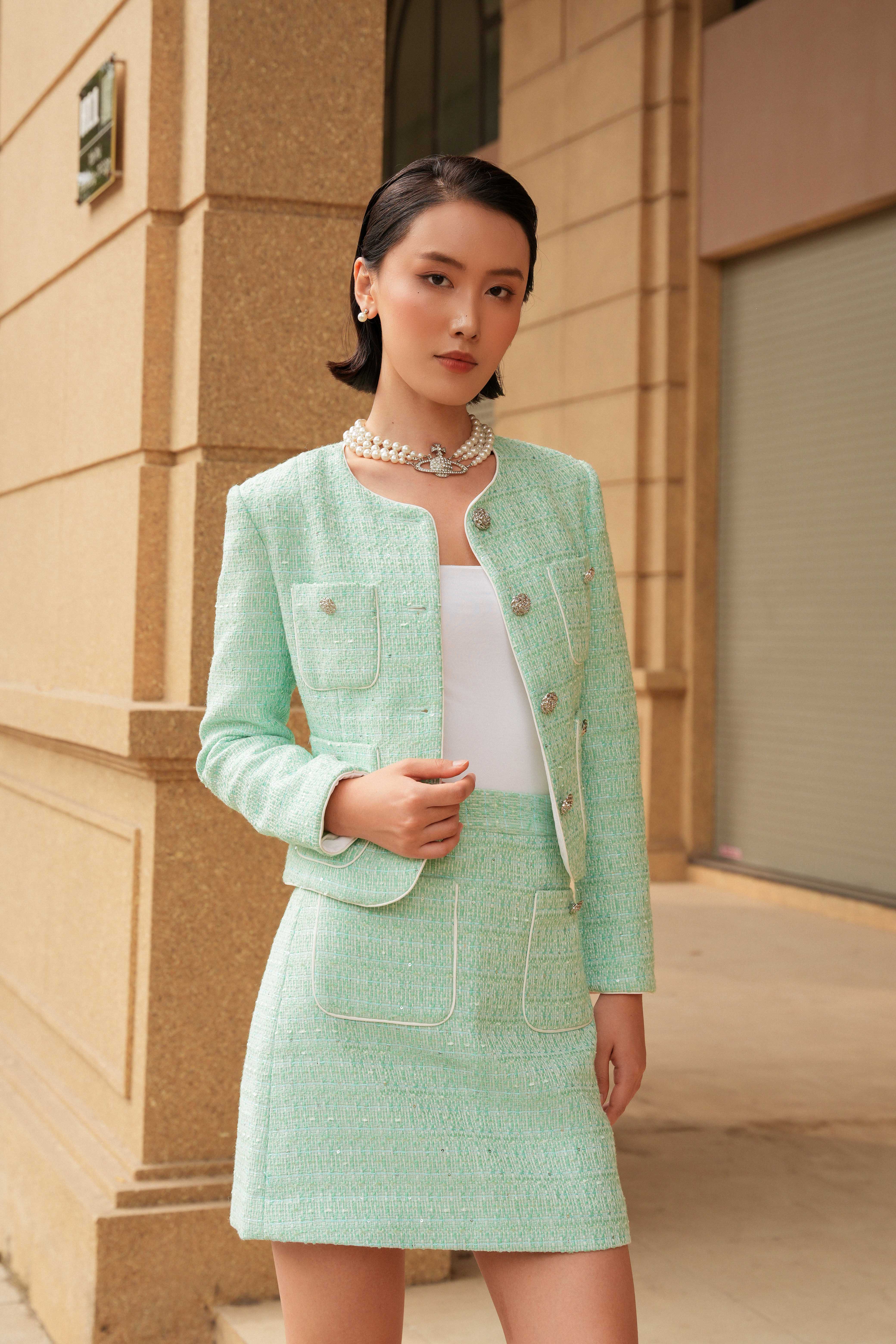Chn vy - Light Turquoise Tweed Mini Skirt