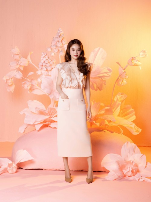 Salmon Woven Pencil Skirt