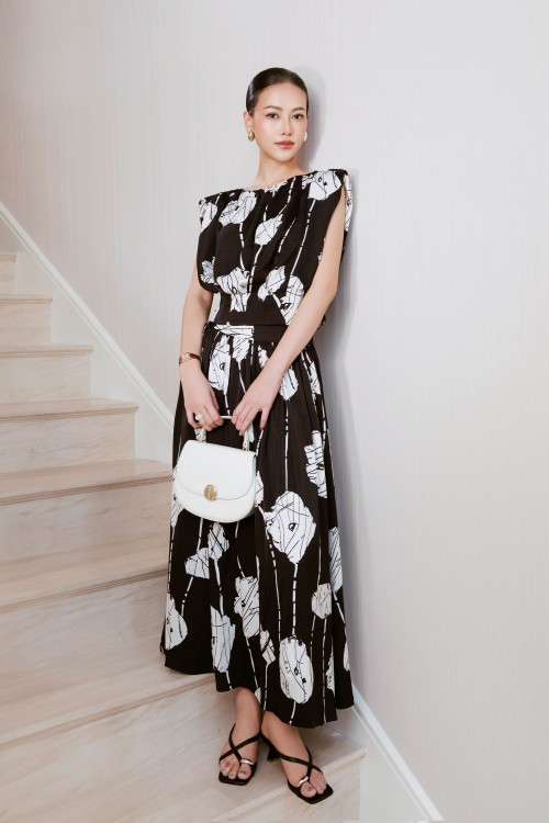 Black Graphic Silk Flared Skirt
