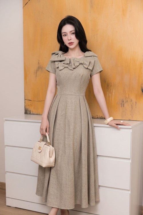 Sixdo Beige Gray Bowtie Woven Flared Dress