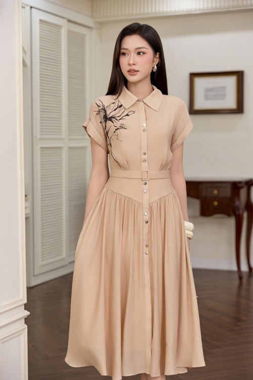 Sixdo Nude Graphic Organza Flared Dress